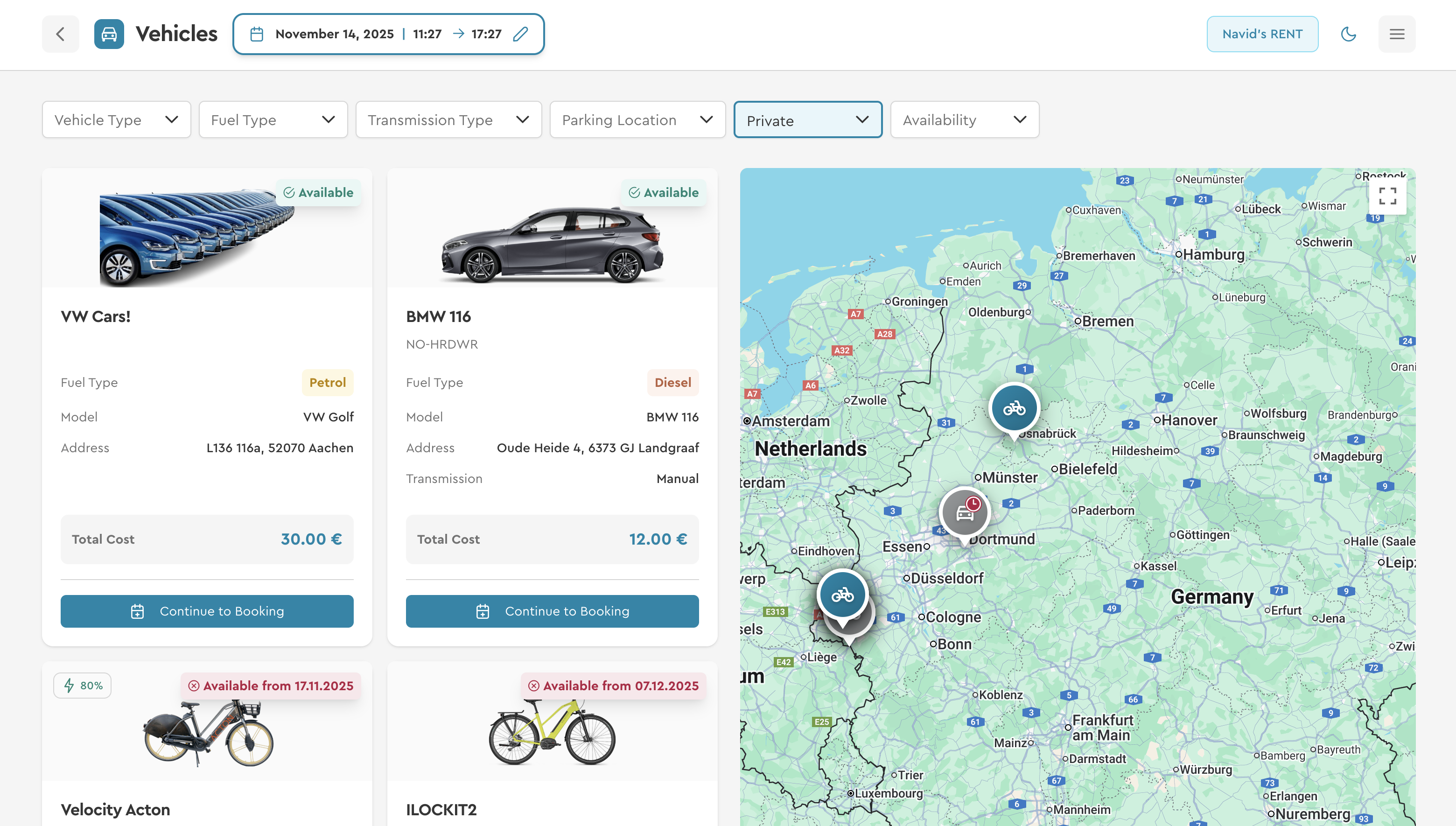 Suchergebnisse mit Karte und Fahrzeugliste
