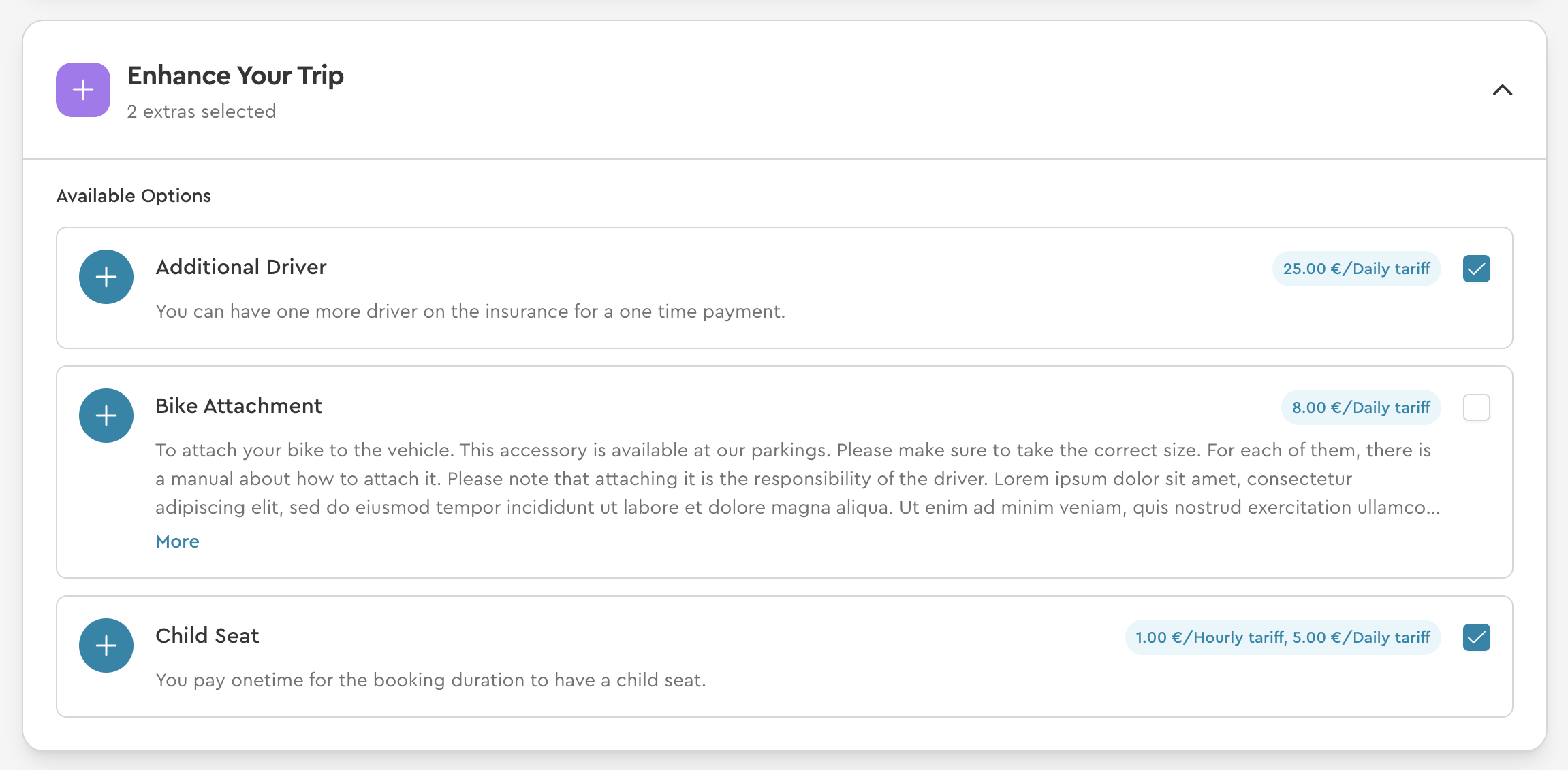 Buchbare Extras mit Kontrollkästchen
