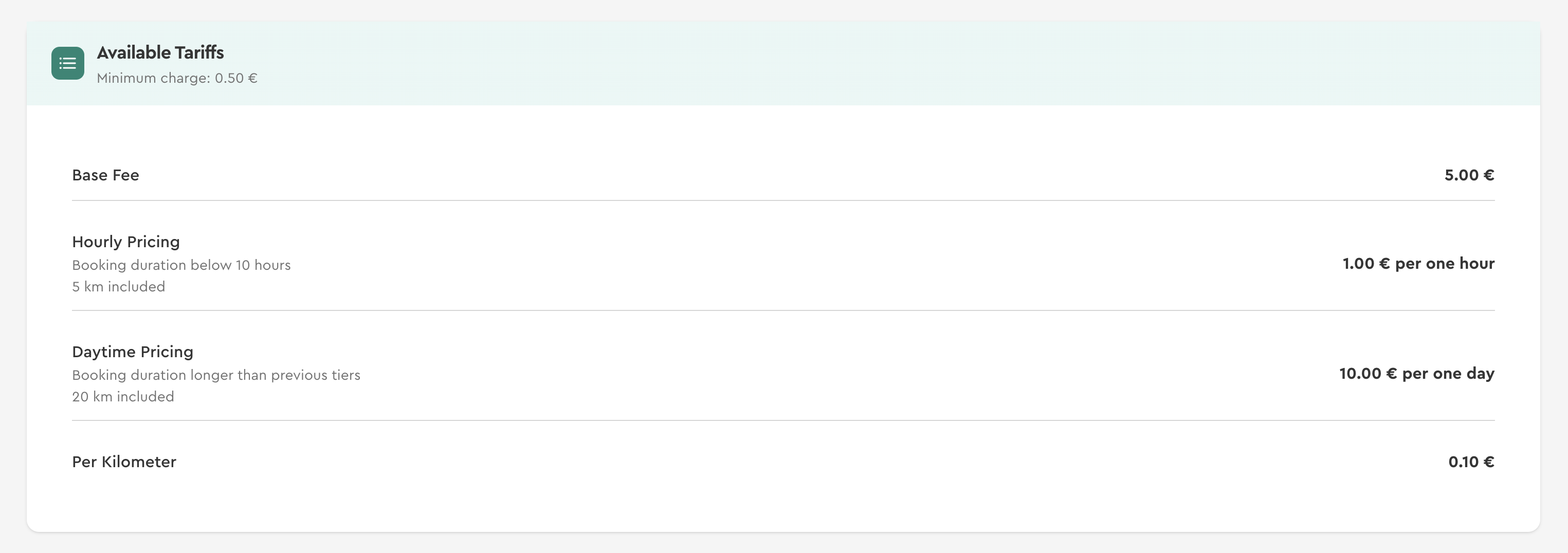 Liste verfügbarer Tarife