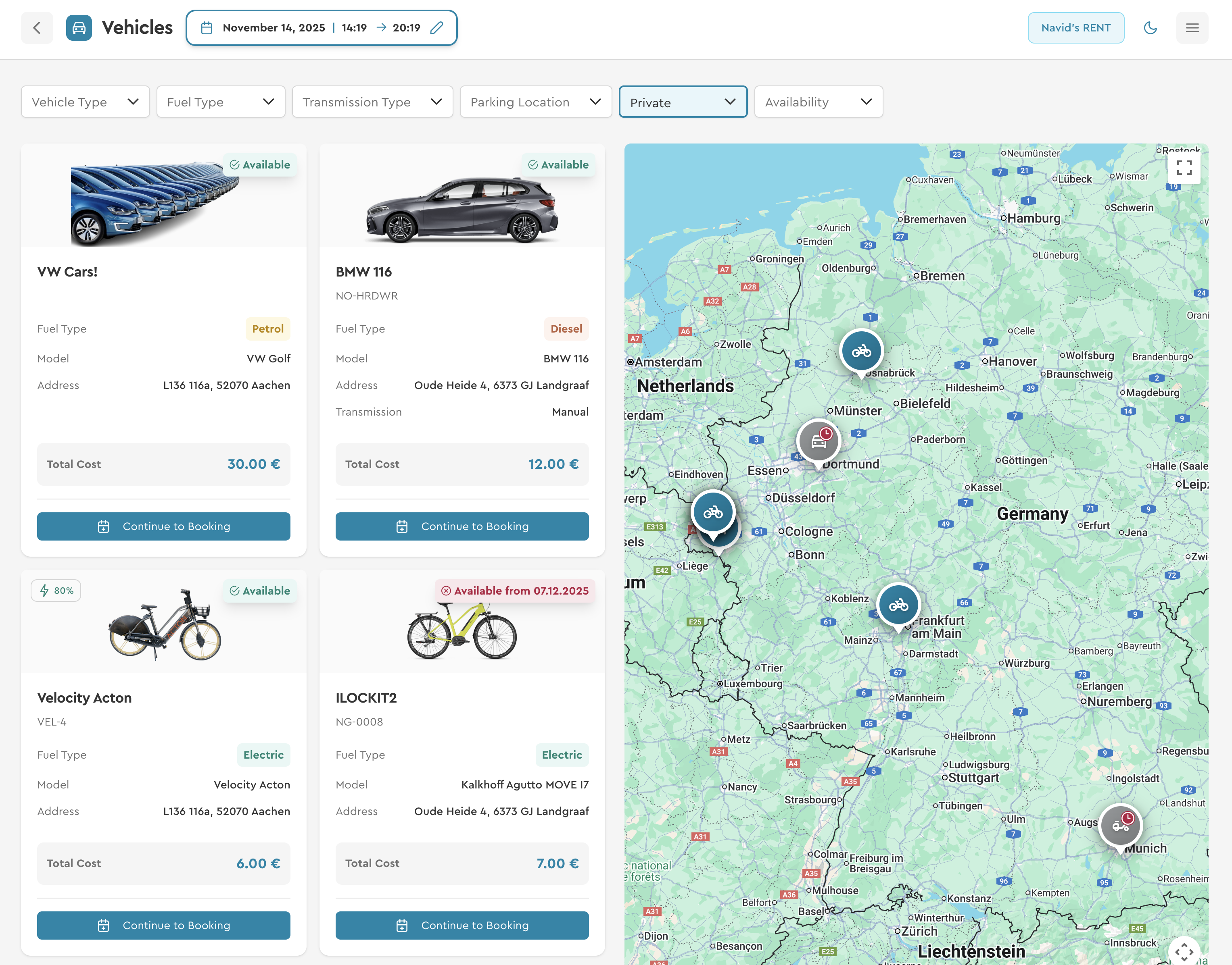 Kartenansicht mit Fahrzeugmarkierungen